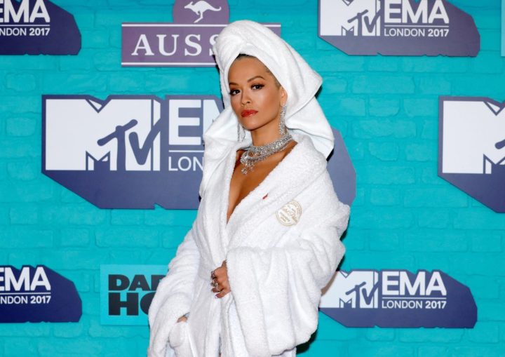 Rita Ora Attends MTV EMAs Red Carpet In Bathrobe